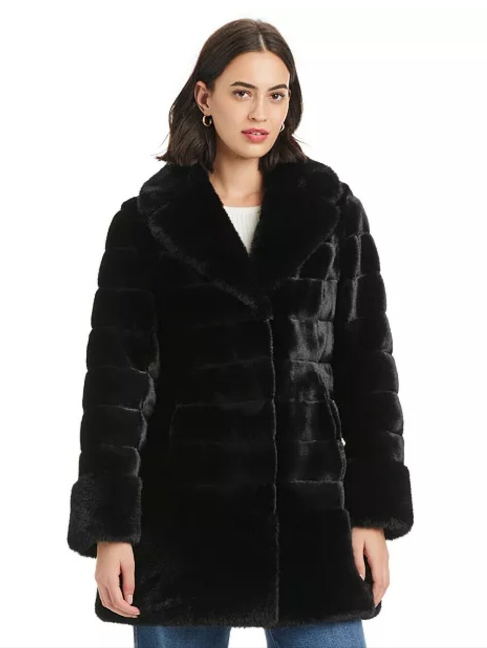 NEW! Jones New York Black Faux Fur Notched Collar Coat Size L